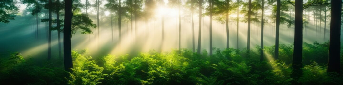 Realistic illustration of summer forest penetrated by the rays of the morning sun.   Background for social media banner, website and for your design, space for text.	