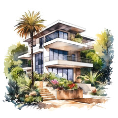 Watercolor illustration of a modern villa with lush landscaping