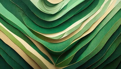 Abstract green color paper texture background. Minimal paper cut style composition with layers of...