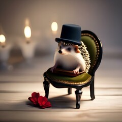 A tiny hedgehog wearing a tiny hat, sitting in a tiny chair at a tiny table2 - obrazy, fototapety, plakaty