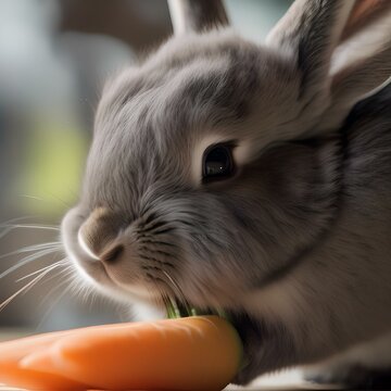 A fluffy gray bunny with long ears, nibbling on a carrot stick4