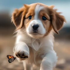 A playful puppy with a wagging tail, chasing after a butterfly1