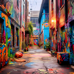 A colorful graffiti-covered alley in an urban area - obrazy, fototapety, plakaty