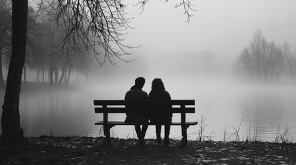 A couple sits on a bench by a lake, looking out at the water