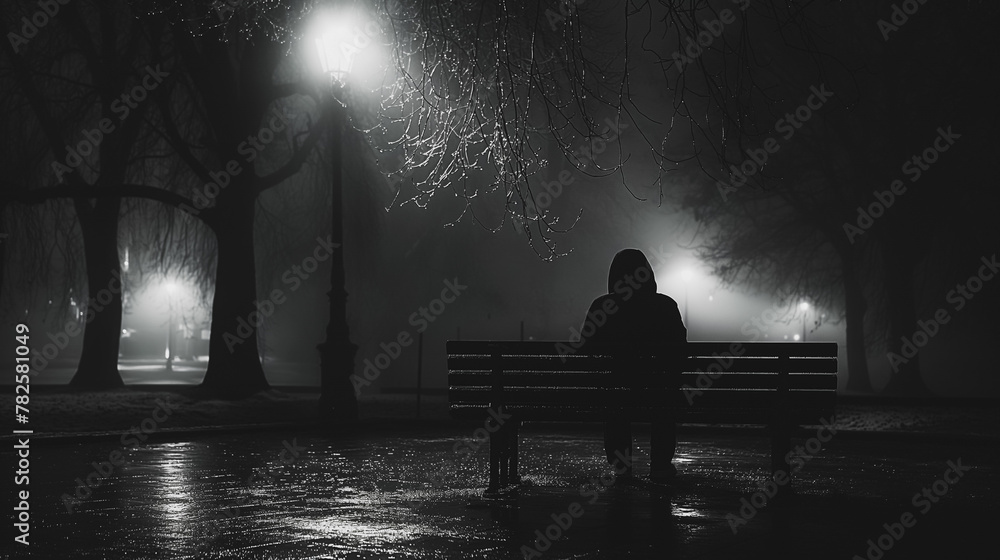 Wall mural A person sits on a bench in a park at night