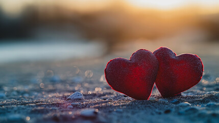 Fototapeta premium Two red heart ornaments on a sandy beach at sunset