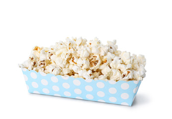 Box with tasty popcorn on white background