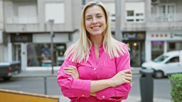 A confident young caucasian woman with blonde hair, wearing a bright pink shirt, smiles while crossing her arms on a city street.