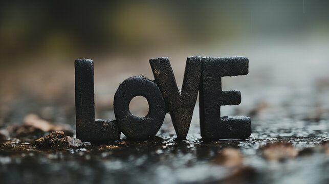 The image is a close up of the letters LOVE written in black on a wet surface