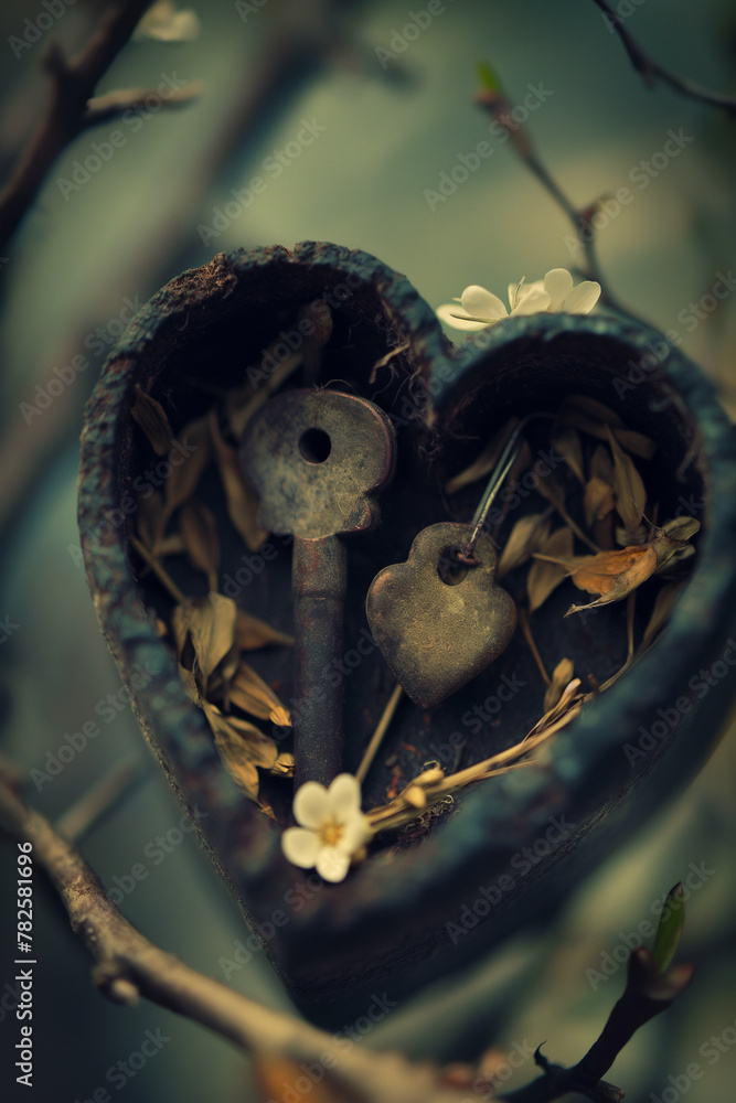 Poster a heart-shaped container with two keys and some flowers inside