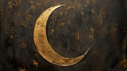 A minimalist painting in deep symbolism of soft relief and delicate light of a crescent moon on the horizon. Moon painting that resonates a rich complexity of meaning.