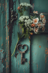 A key is hanging from a door, with flowers on either side