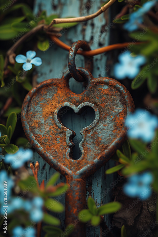 Poster a rusty key with a heart shape is hanging from a chain