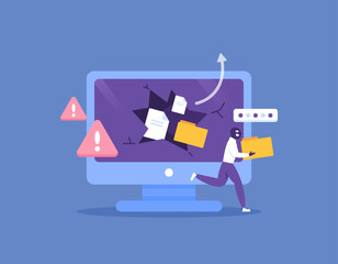 data leak concept. theft of important and personal information. digital crime or cyber crime. illustration of a hacker breaking into a security system and stealing documents or files. illustration 