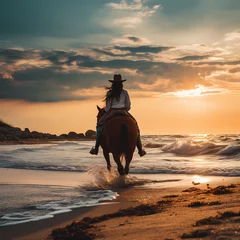 Fotobehang A person riding a horse on a beach.  © Cao