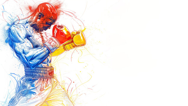 Single continuous line drawing portrait of a professional boxer , splash of yellow, blue and red color, isolated on a white background. Copy space, horizontal 16:9