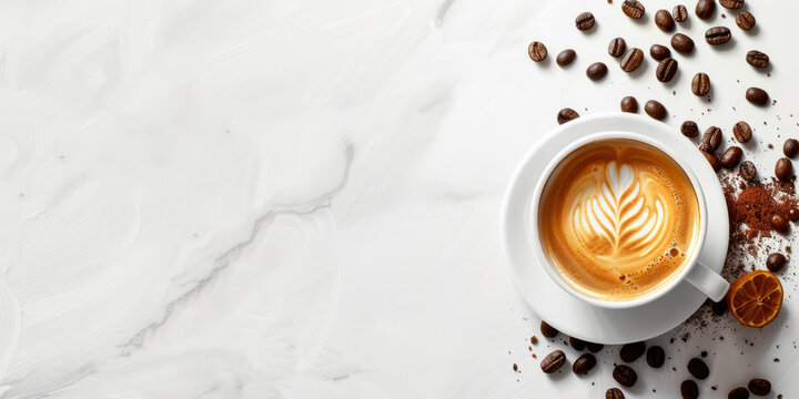 Banner with a fresh cup of coffee placed at the side, providing ample copy space.