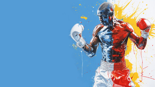 Single continuous line drawing portrait of a professional boxer , splash of yellow, blue and red color, isolated on a blue and white background. Copy space, horizontal 16:9