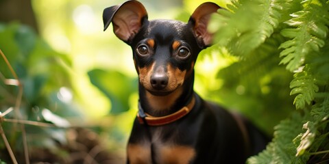 Toy terrier dog with caution and suspicion looks at camera, greenery background -, concept of Alertness