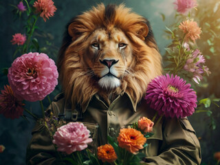 A Military lion with a Beautiful Bouquet - Generated by AI