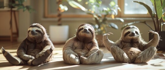 Three sloths sitting in a row on the floor next to each other. Generative AI. - Powered by Adobe