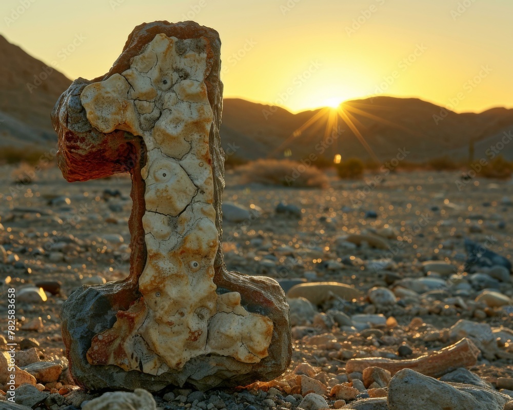 Poster a rock with the number one painted on it sitting in a field. generative ai.