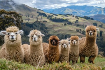 Obraz premium A group of alpacas are standing in a field with mountains behind them. Generative AI.
