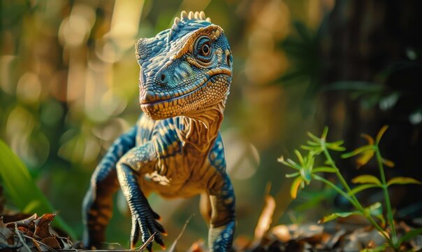 A close up of a lizard walking on the ground in front of trees. Generative AI.