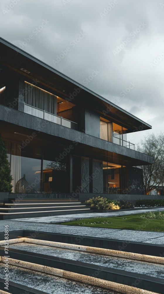 Poster a modern house with a large front yard and steps leading up to it. generative ai.