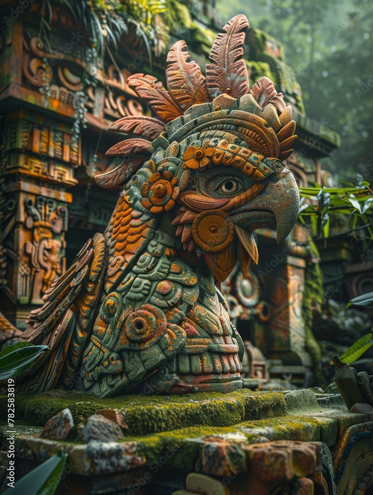 Poster a statue of a bird with an elaborate headdress in the middle of some trees. generative ai.