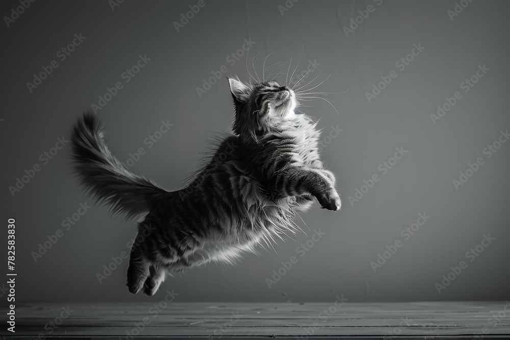 Poster a cat jumping in the air with its tail up. generative ai.