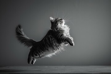 A cat jumping in the air with its tail up. Generative AI.