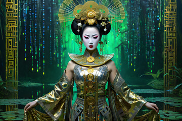 Fototapeta premium Girl in Japanese Attire by the Green Marsh.Generated by AI