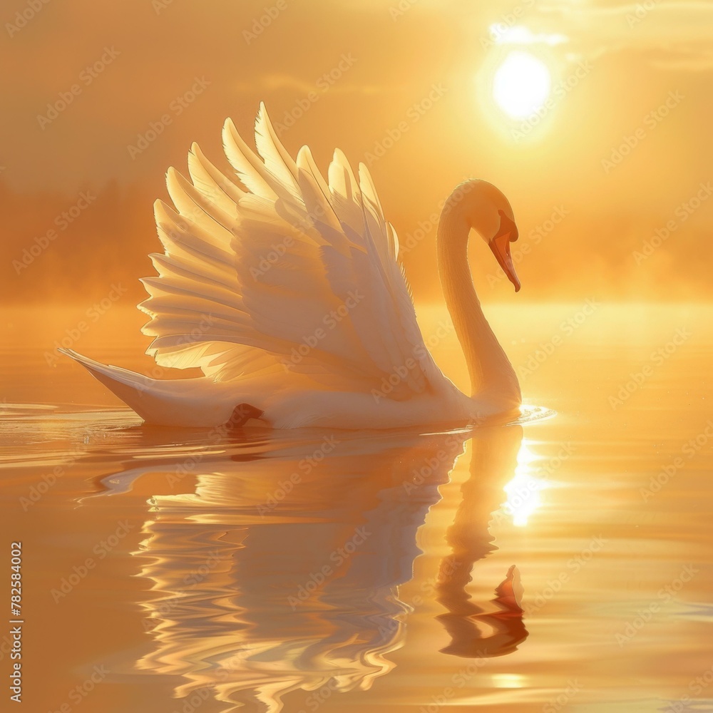 Poster a swan is floating on the water with its wings spread. generative ai.