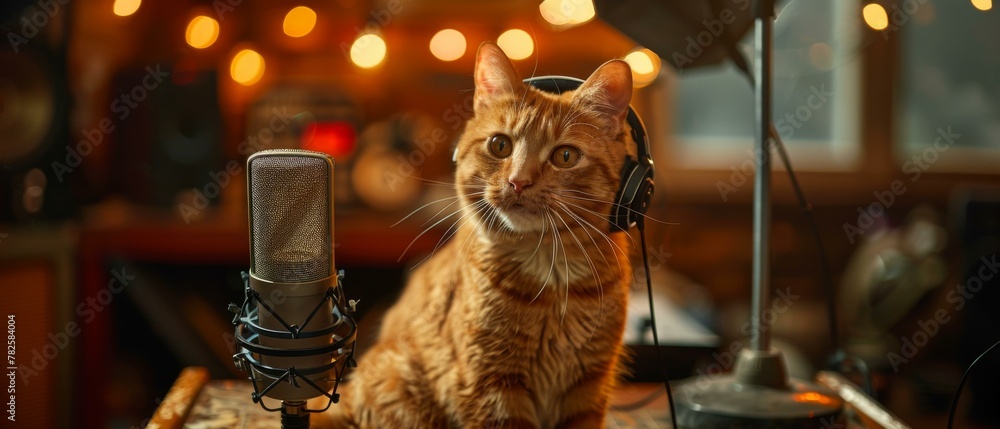 Poster a cat sitting in front of a microphone with headphones on. generative ai.