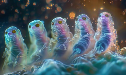 A group of five worms with glowing eyes and a blue background. Generative AI.