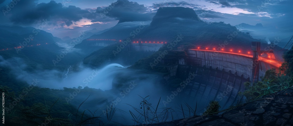 Poster a large bridge with lights on it in the middle of a mountain. generative ai.