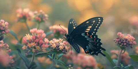 A black butterfly sitting on a pink flower in the field. Generative AI.