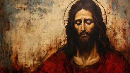 Aged Oil Painting of a Portrait of Jesus Christ - obrazy, fototapety, plakaty