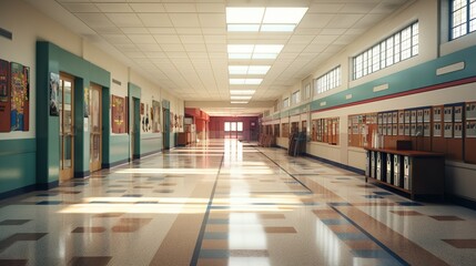 Brightly lit, deserted hallway of a contemporary school, showcasing modern educational infrastructure