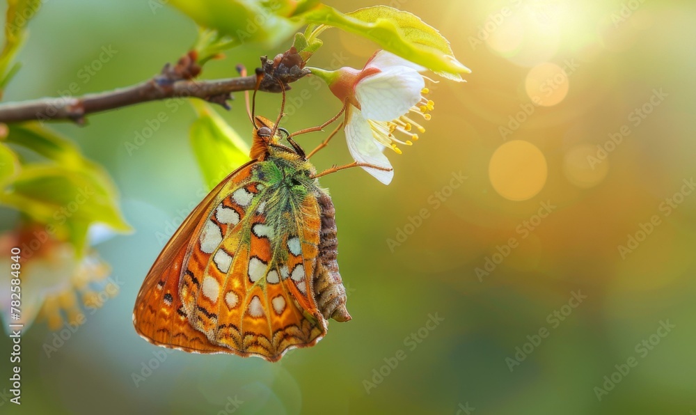 Poster a butterfly perched on a branch of an apple tree. generative ai.