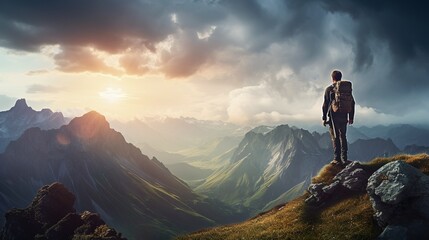 Fototapeta premium A lone trekker faces a stormy sunset atop dramatic mountain scenery