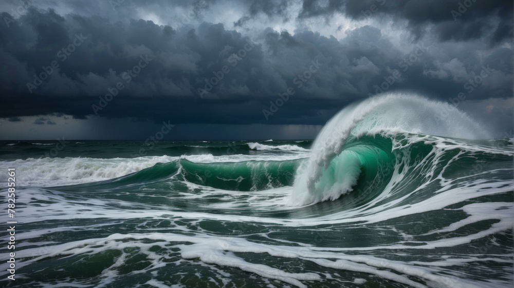 Poster a large wave crashing into the ocean under a dark sky. generative ai.
