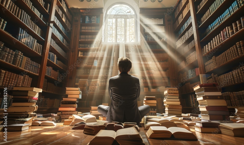 Poster a man sitting in a library with books all around him. generative ai.