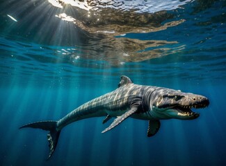 A large shark swimming in the ocean with sunlight shining on it. Generative AI.