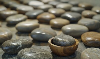Fototapeta na wymiar A small wooden bowl sitting on top of a pile of rocks. Generative AI.