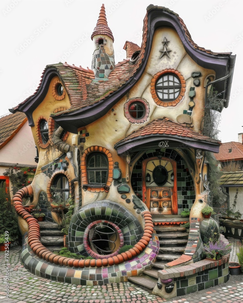 Poster a house made of many different shapes and colors on a cobblestone street. generative ai.