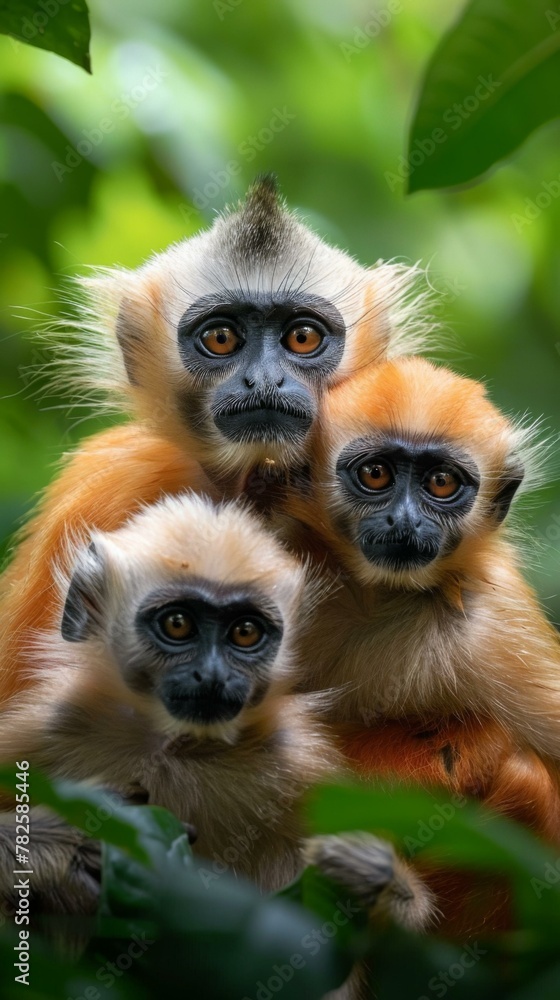 Poster three monkeys are standing together in the forest with leaves. generative ai.