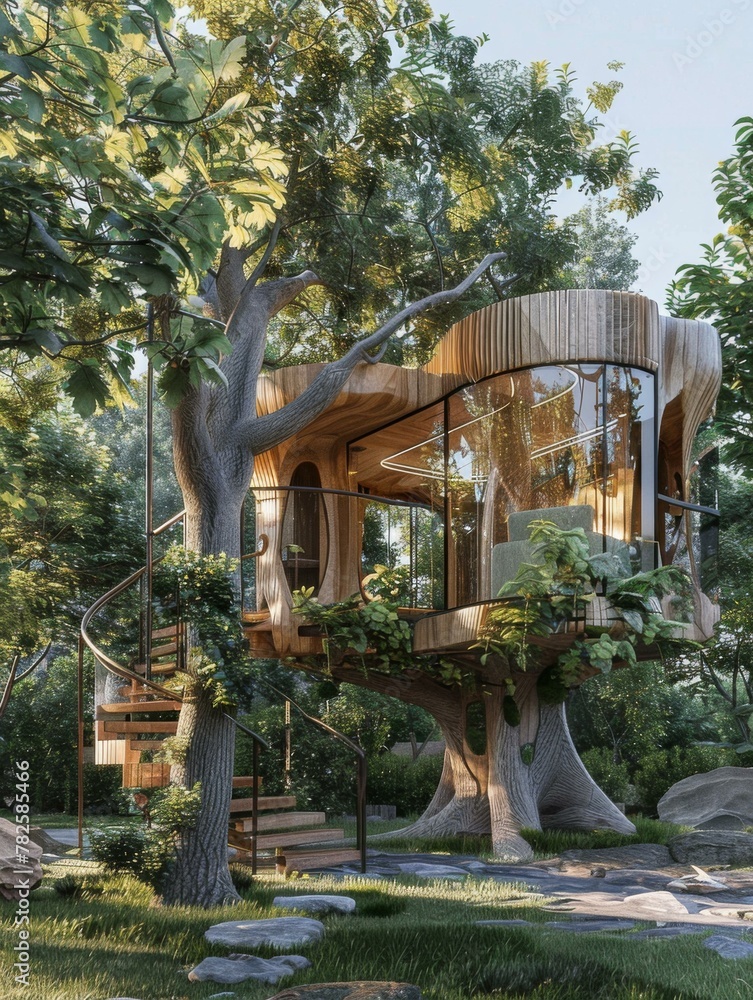 Aufkleber a tree house with a spiral staircase in the middle of the forest. generative ai.