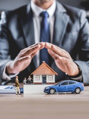 A businessman's hands hold over a model house and car, symbolizing security and protection for potential buyers